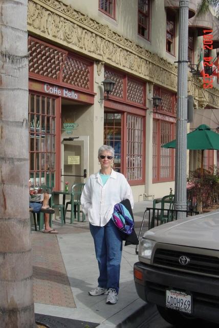 Kathleen in front of Bella Maggiore hotel in Ventura.JPG